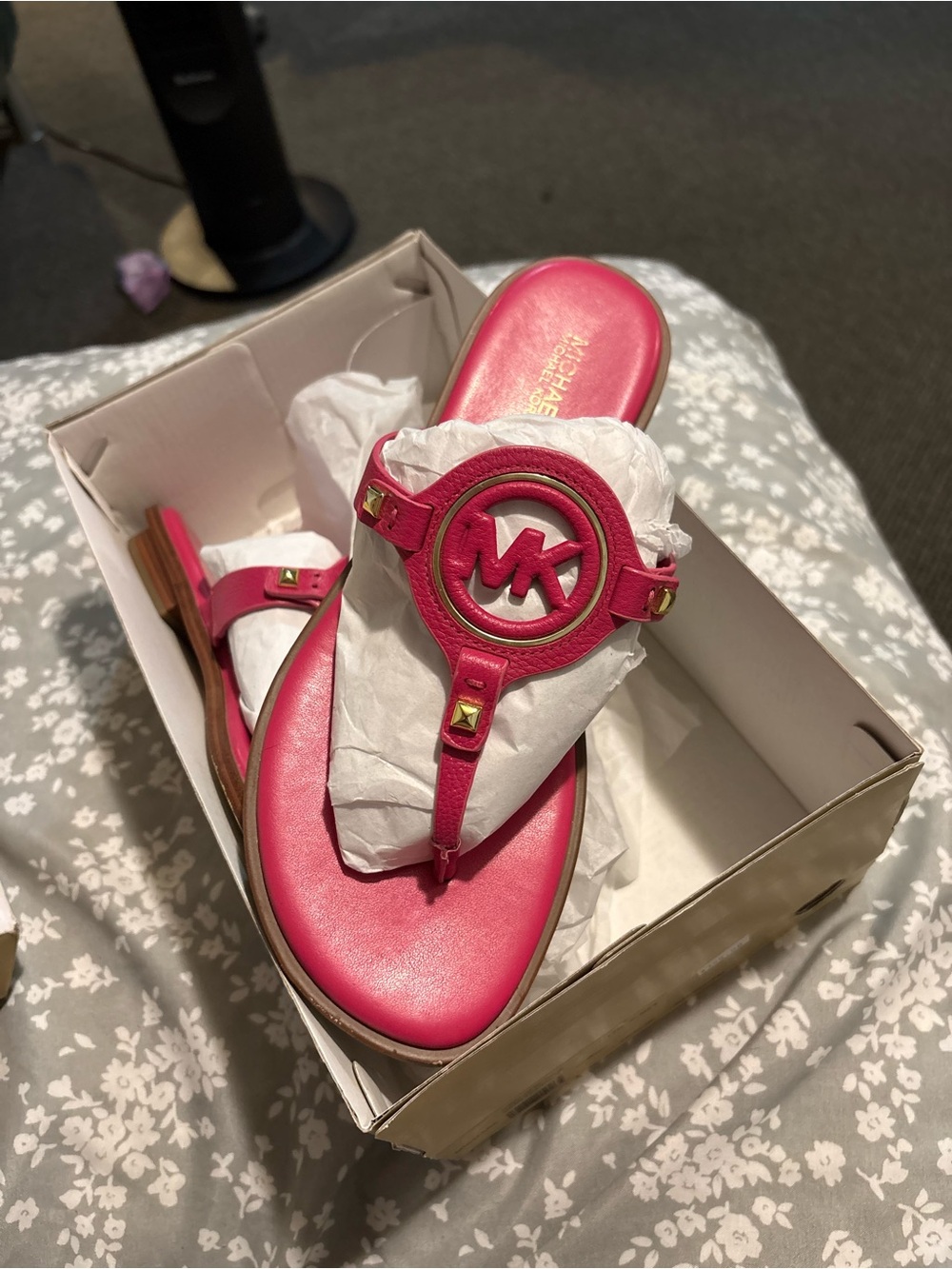 Michael Kors Hot Pink MK Logo Leather Thong Sandals